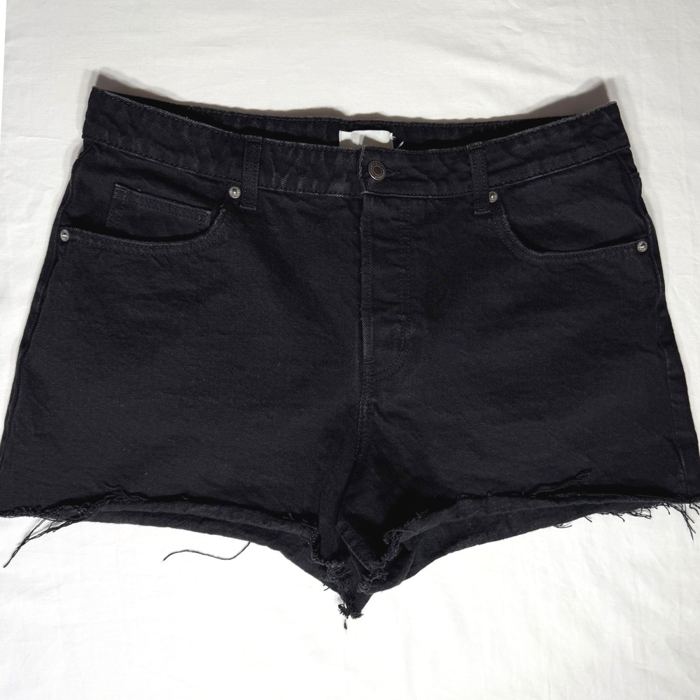 HM Womens Black Denim Cut Off Shorts High Waisted Frayed Hem Size 14 11474527